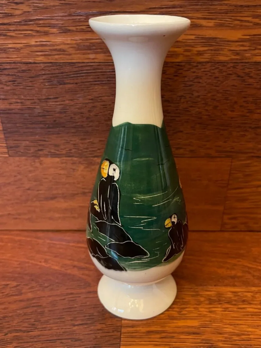 Mugs & Jugs Alaska Hand Painted Pottery Vase of Puffins Coastal Scene